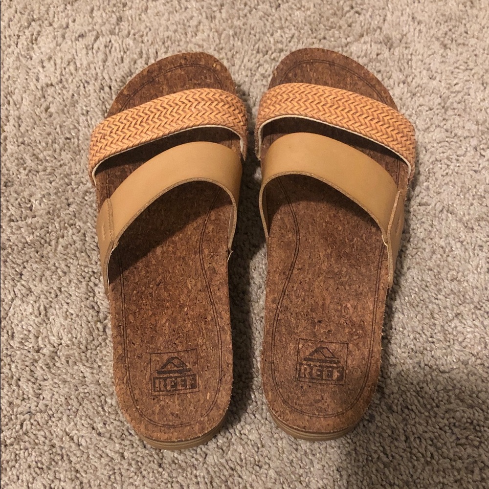 Reef Women's Cushion Vista Hi Natural Braid Tan Dual-Strap Cork Slide Sandals